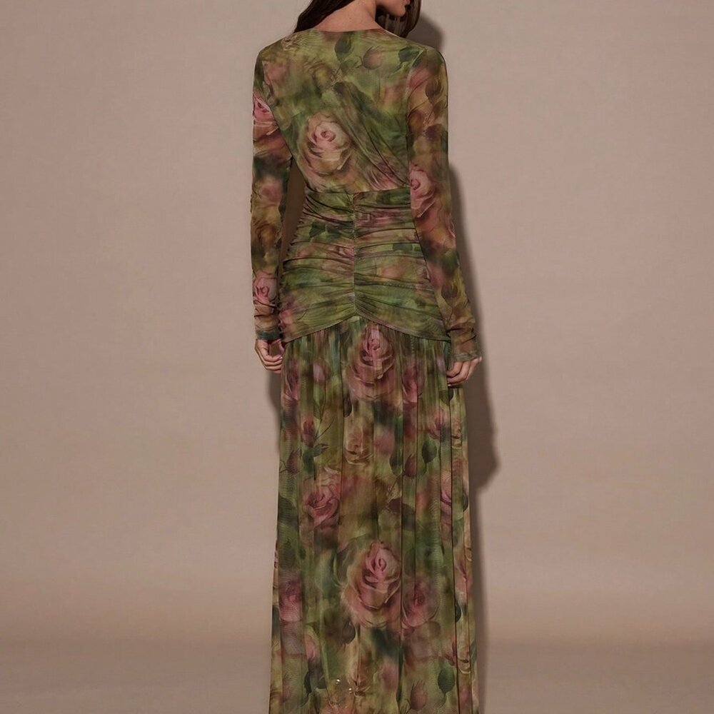 Green Elegant Women's Sexy Floral Print Deep V-Neck Dress - Picture 2 of 6